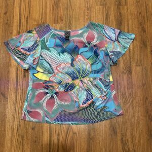 Clara Sun Woo Top Womens Petite Large Printed Blue Pink Orange Green Blouse USA